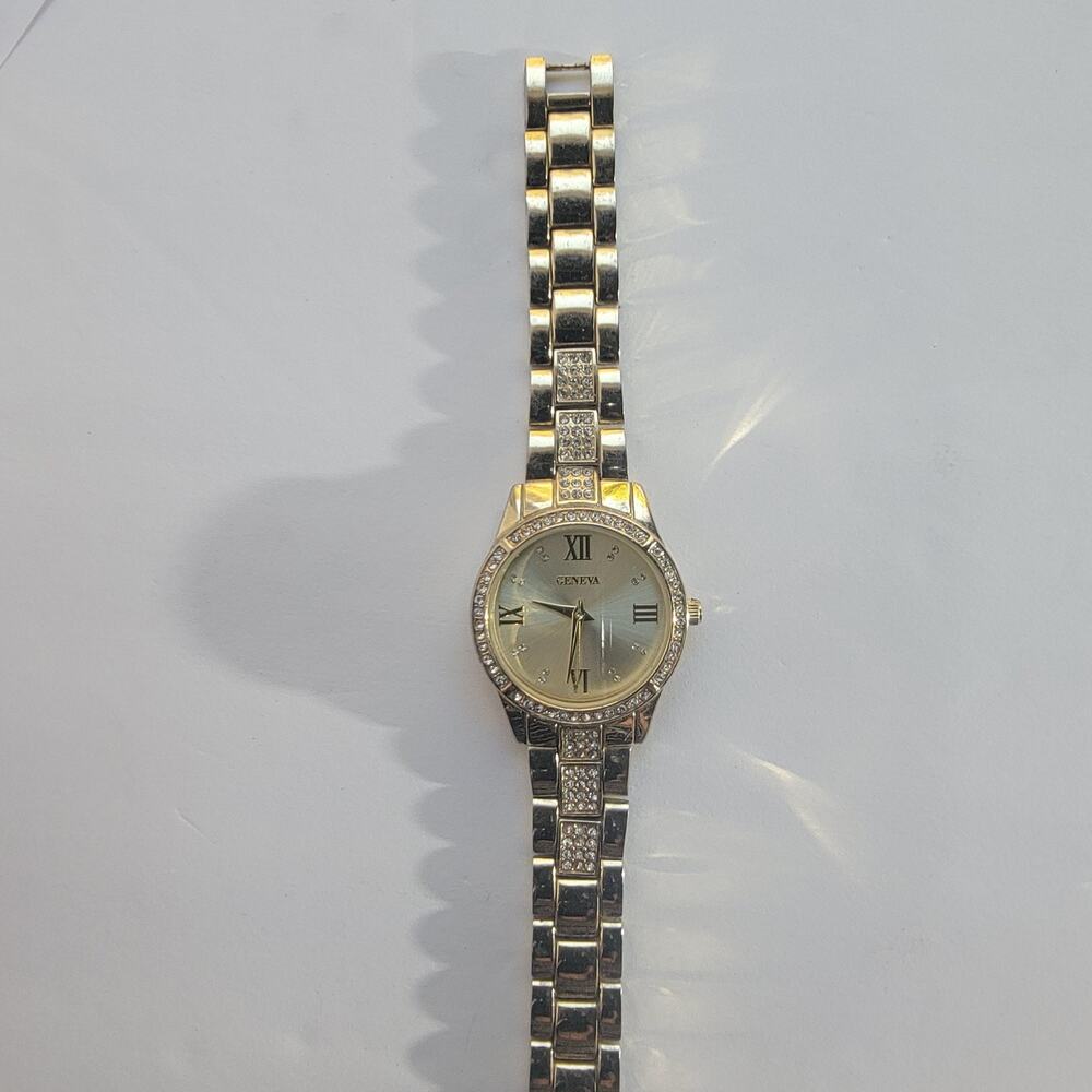 Geneva Womens Watch Champagne Dial Gold Case Gold Bracelet Quartz Gemmed